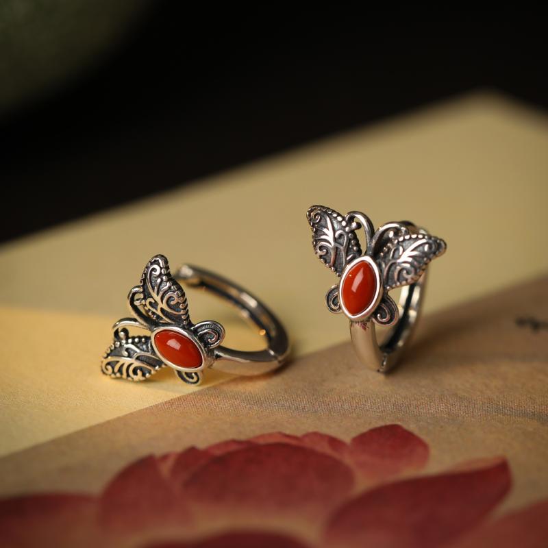 ピアス レディース 925シルバー 南紅瑪瑙 蝶 バタフライ エレガント レトロ アンティーク 個性的 電気メッキ アンティークシルバー イヤリング イヤーカフ