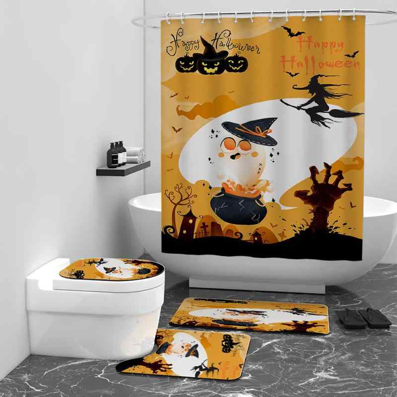 シャワーカーテン ハロウィン モンスター柄 防水 ポリエステル ポンジー アメリカンデザイン カスタムプリント バスマット付き バスルーム お風呂 3点セット フック付属