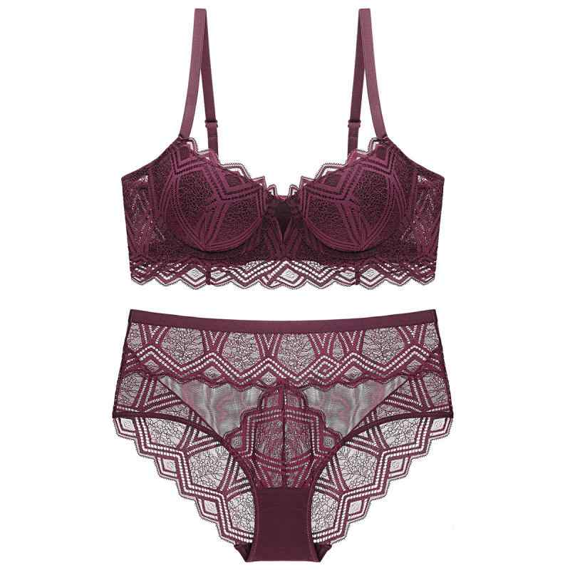 ブラジャー&ショーツセット レディース セクシー 谷間メイク 盛りブラ 脇肉補正 リフトアップ ホールド 快適 透気 レース ワインレッド 3/4カップ