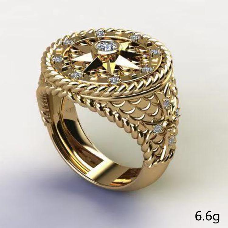 指輪 メンズ 男性用 ゴールドカラー 亜鉛合金製 ホイールデザイン ラインストーン装飾 ファッションリ..