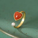 指輪 レディース S925 シルバー 南紅瑪瑙 ハート シェルパール ゴールド 中国風 電気メッキ加工 バレンタインデー 春夏 シンプル おしゃれ
