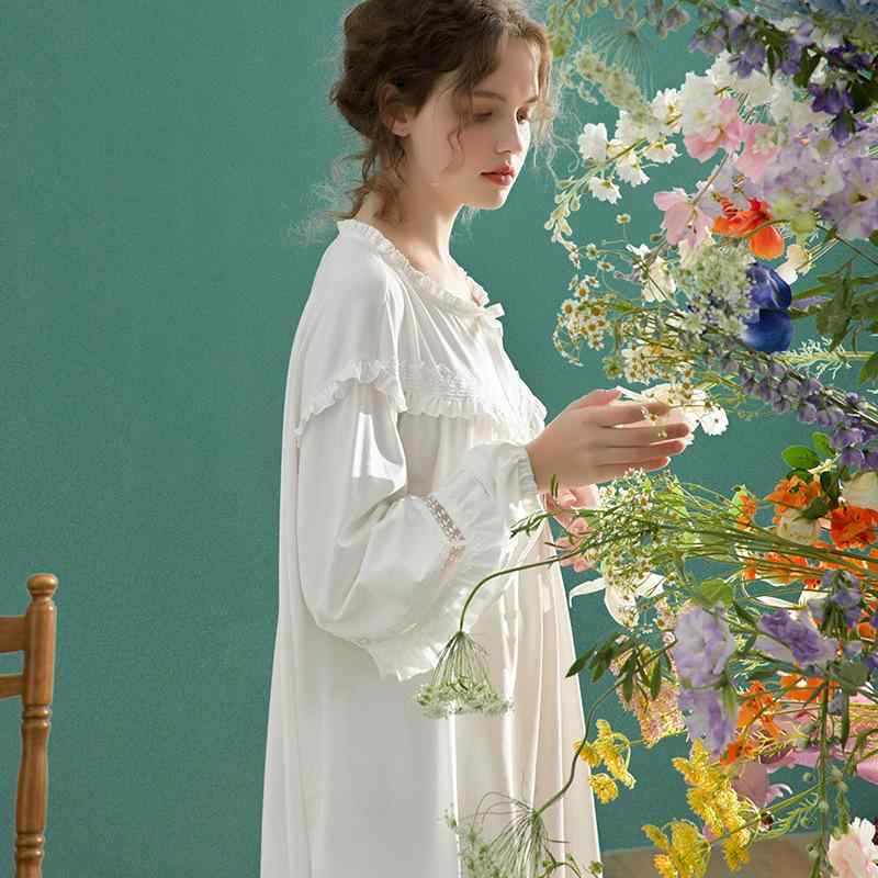 パジャマ レディース 薄手 軽量 長袖 ロング丈 フリル ニットコットン ルームウェア 部屋着 無地 春秋 ..