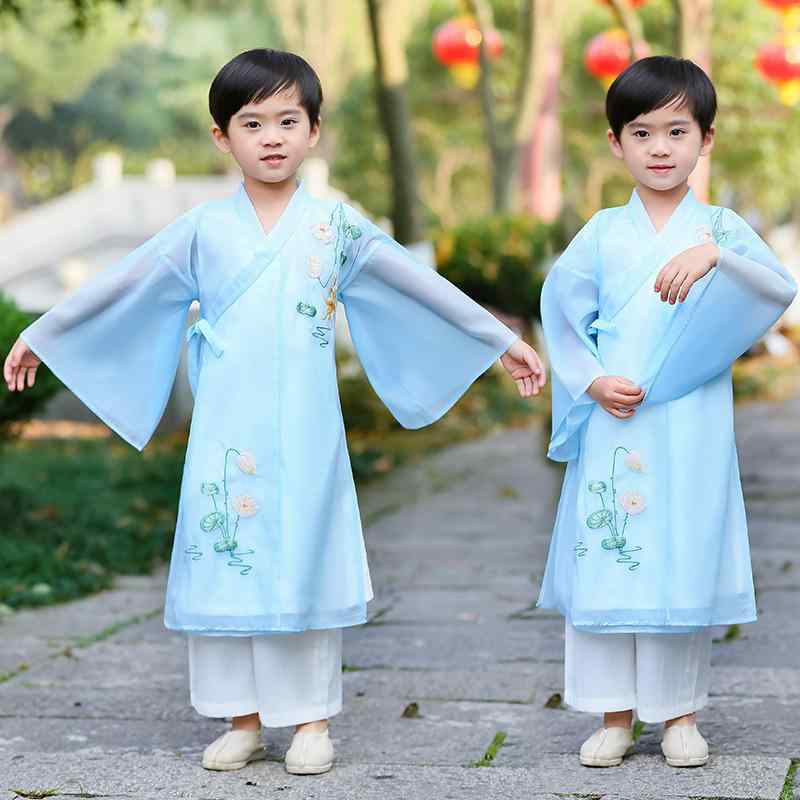 漢服 キッズ 男の子 女の子 男児 女児 中国風 民族衣装 柔らか素材 コットン裏地 三字経 国学 発表会 舞台 演奏会 衣装 上下セット 学童 幼稚園 時代劇 コスチューム 古筝 春秋 かわいい