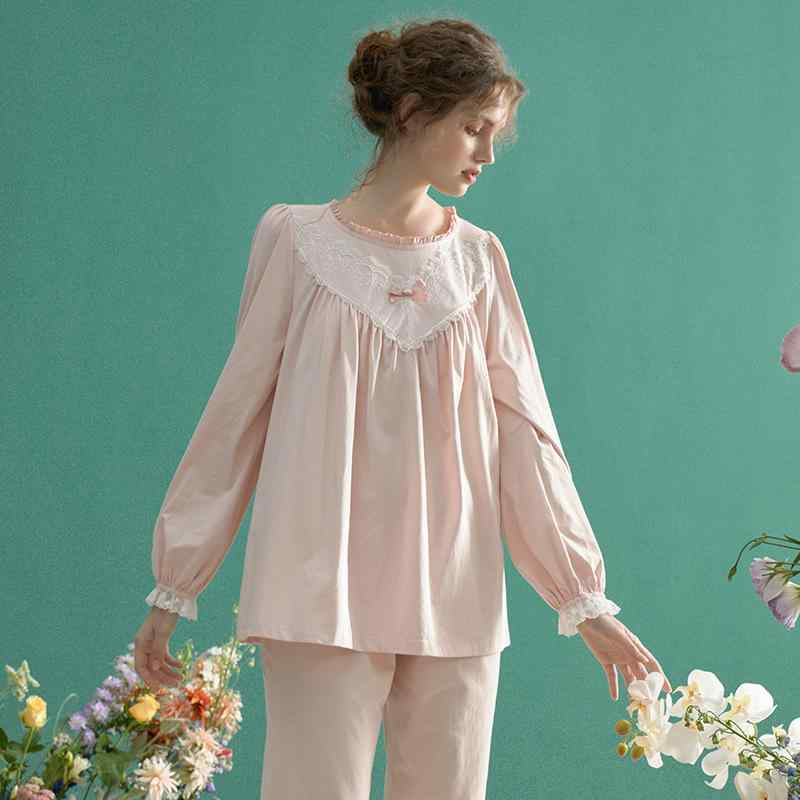 パジャマ ルームウェア レディース 女性用 薄手 ゆったり リラックス 綿 コットン 長袖 長パンツ 丸首 ..