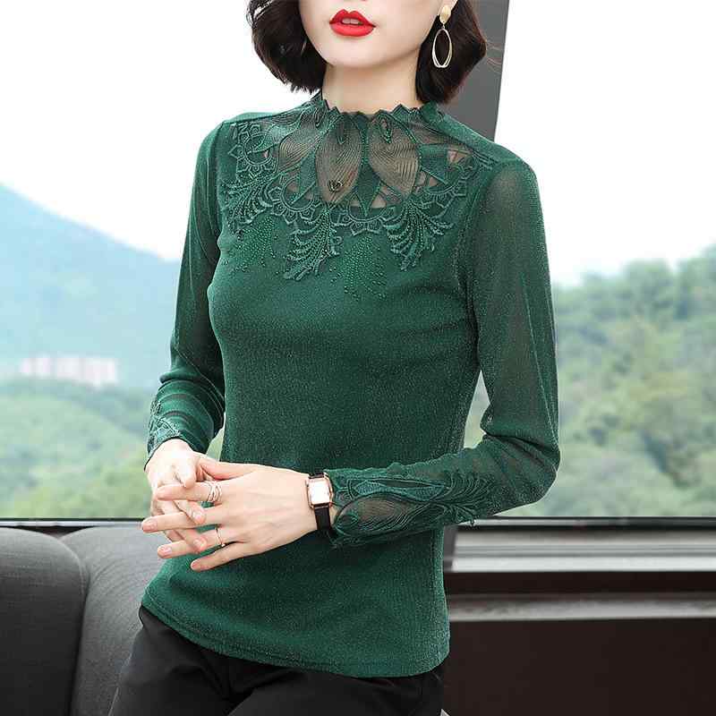 Tシャツ レディース ミセス ママ 秋冬 ポリエステル スパンデックス スリムフィット ハイネック 長袖 レース メッシュ 切り替え アシンメトリー プルオーバー きれいめ エレガント 通勤 トップス