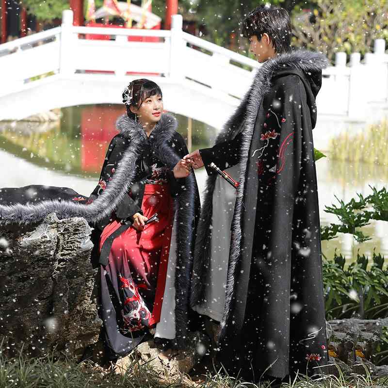 ケープ マント 男女兼用 カップル フード付き 九尾の狐 漢服 中華服 豪華刺繍 フリンジ ファー縁 裏起毛 極厚 保温 防寒 綿 古風 舞台衣装 コスプレ