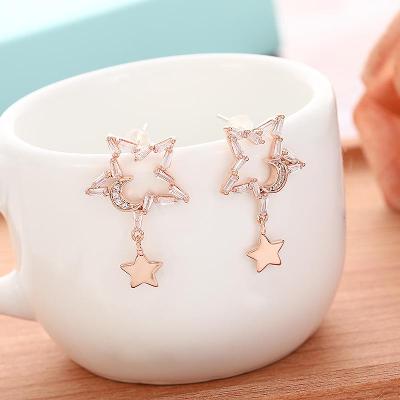 ピアス 925シルバーポスト スクエアカット マイクロパヴェ 五芒星 月 揺れる ドロップピアス 電気メッキ加工 シルバーカラー ローズゴールド シャンパンゴールド