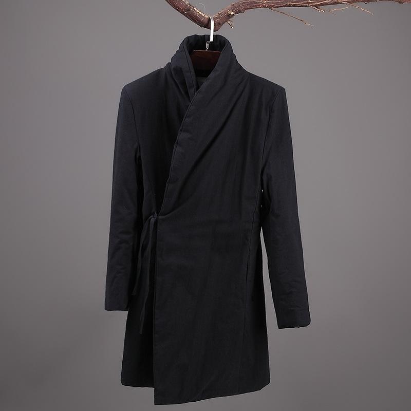 コート メンズ 男性用 ミドル丈 チャイナ風 唐装 中綿入り 防寒 暖かい コットンリネン 綿麻混紡 多ポケット ウォッシュ加工 カジュアル 冬用 ブラック