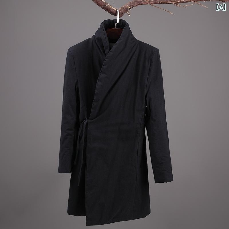 コート メンズ 男性用 ミドル丈 チャイナ風 唐装 中綿入り 防寒 暖かい コットンリネン 綿麻混紡 多ポケット ウォッシュ加工 カジュアル 冬用 ブラック