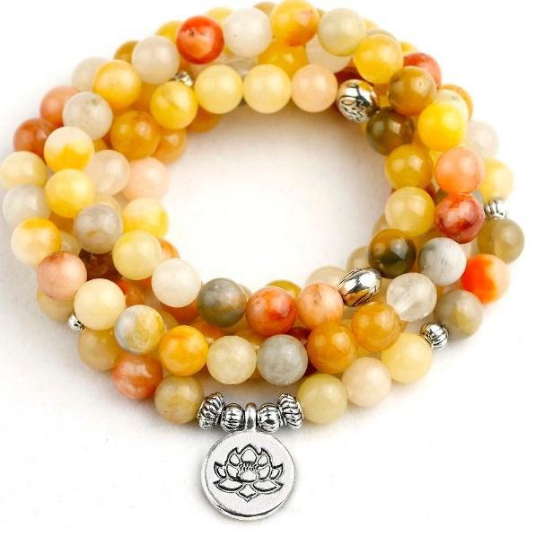数珠ブレスレット 男女兼用 108珠 8mm 瑪瑙 合金製 蓮の花 オーム 目 仏陀の手 生命の樹 真鍮チャーム お守り ネックレス ペンダントトップ(x2)(4)