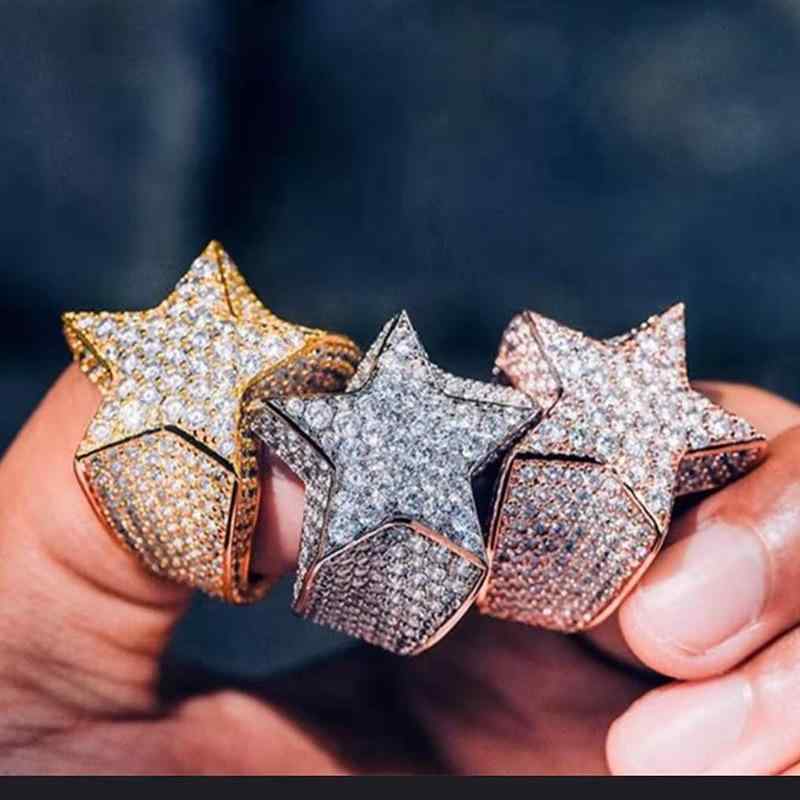 指輪 メンズ ジルコニア マイクロパヴェ スターデザイン ヒップホップ ストリート系 カジュアル 欧米風 金属製 電気メッキ加工