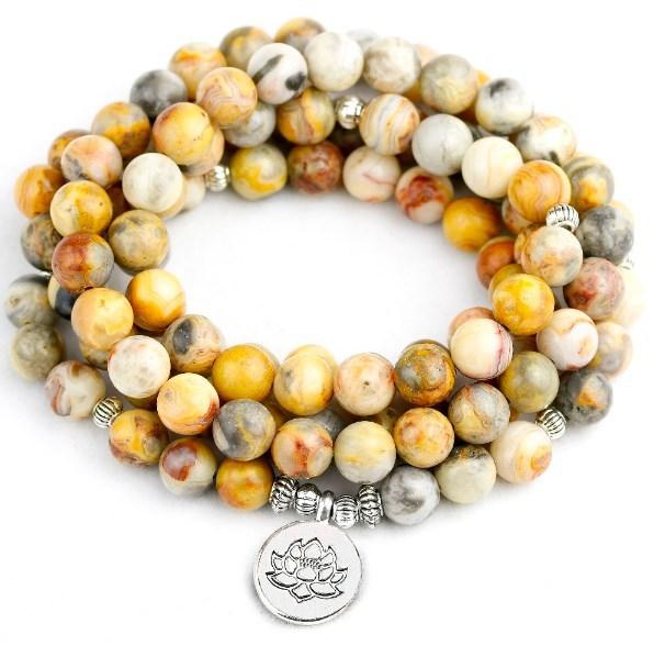 ブレスレット 数珠 ネックレス 男女兼用 108玉 8mm メノウ 天然石 パワーストーン 真鍮製 合金 蓮華 OM..