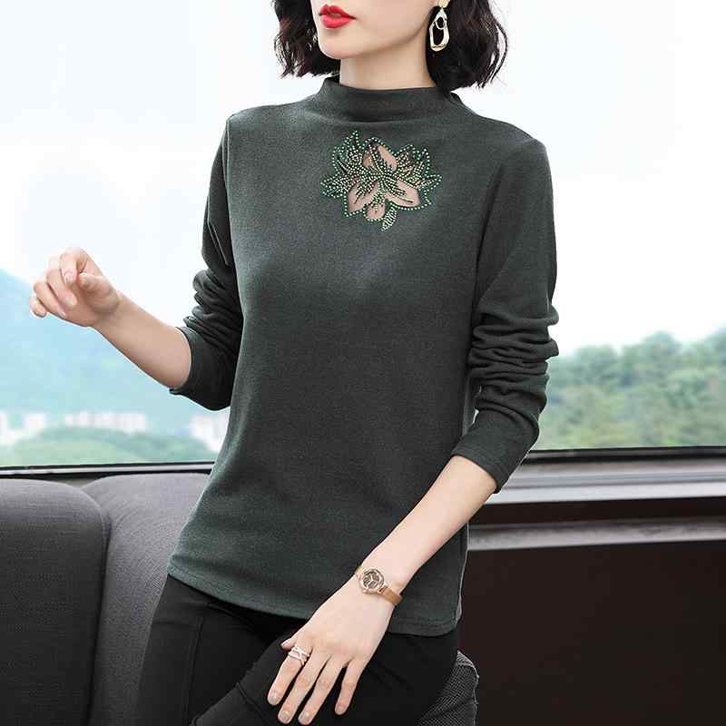 Tシャツ レディース 秋冬 長袖 ハイネック 起毛加工 透かし彫り インナー スリム 着痩せ 体型カバー 着回し 上品 通勤 オフィス 綿混 プルオーバー 大きいサイズ対応 ダークグリーン