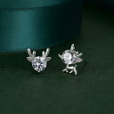 スタッドピアス レディース S925純銀製 金属アレルギー対応 低刺激 鹿モチーフ アシンメトリー クリスタル装飾 小ぶり プチ 大人かわいい カジュアル オフィス 普段使い