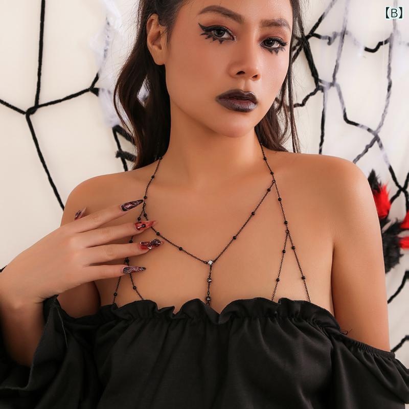 セキュアデポのボディチェーン レディース セクシー ラインストーン ペンダント フリンジ 大胆 多層 ネックレス 胸元チェーン スネークチェーン 合金製 電気メッキ加工 欧米風 ビーチ リゾート カジュアルスタイル 幾何学模様｜アングル3