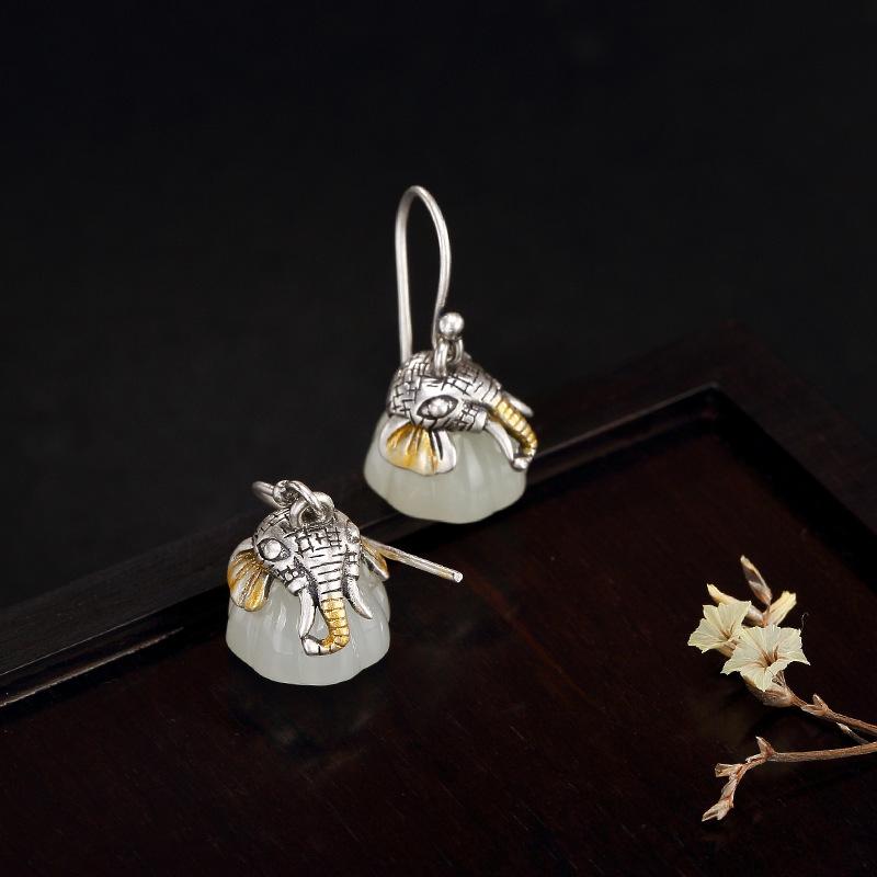 ピアス レディース S925シルバー ゾウ 蓮 ロータス 天然和田白玉 レトロ アンティーク 上品 エレガント..