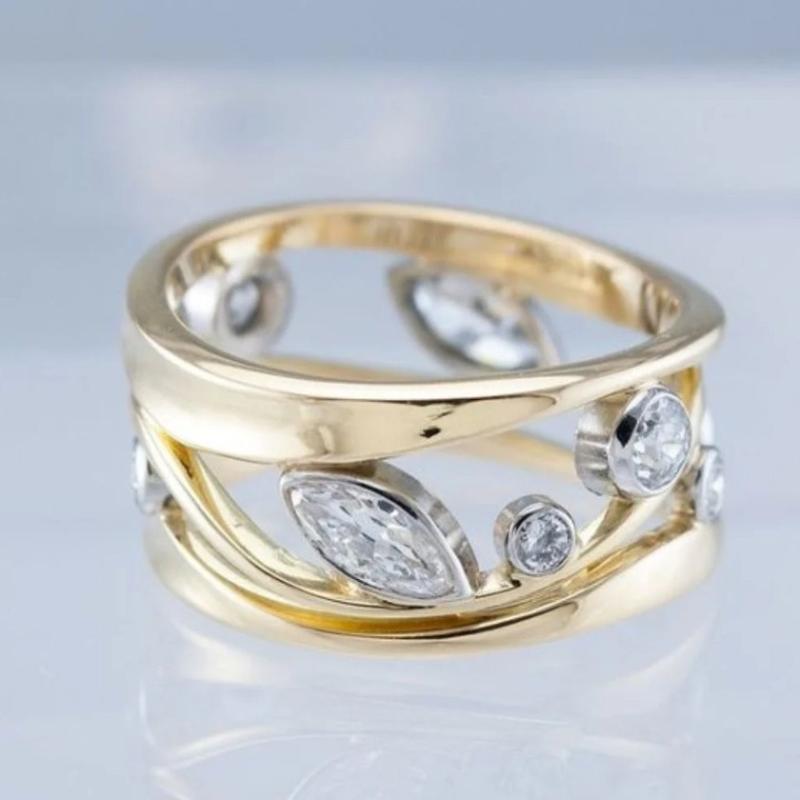 指輪 レディース 女性用 レトロ 大ぶり シンプル 個性的 合金製 電気メッキ加工 欧米風 バイカラー 幾..