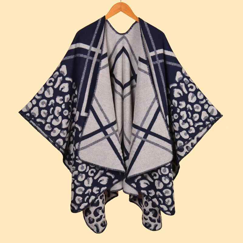 ショール レディース 保温 防寒 カシミヤタッチ 大判 リバーシブル ジャガード織り ヒョウ柄 ストライプ柄 スリット入り 欧米風 おしゃれ 羽織り ポンチョ ケープ アウター ストール