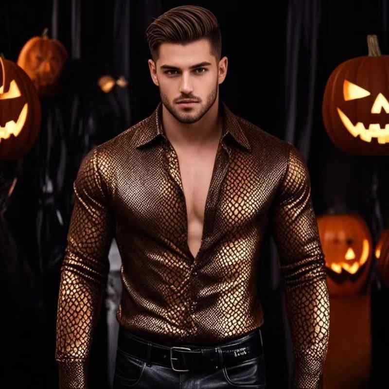 シャツ メンズ 男性用 長袖 クラック柄 デジタルプリント 光沢感 シャイニー 複合素材 ポリエステル混紡 襟付き スリムフィット 細身 カジュアルスタイル ロング丈 春秋 ブラウン 茶色(4)