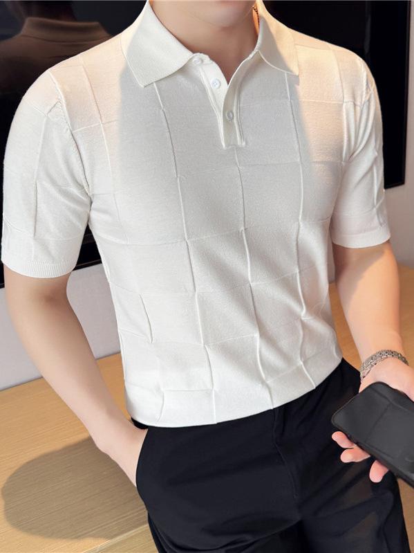 ポロシャツ メンズ スリムフィット 高伸縮性 ストレッチ 立体格子柄 チェック柄 ニット テンセル 再生繊維 薄手 半袖 ショートスリーブ 切り替え 襟付き 大人カジュアル 夏用