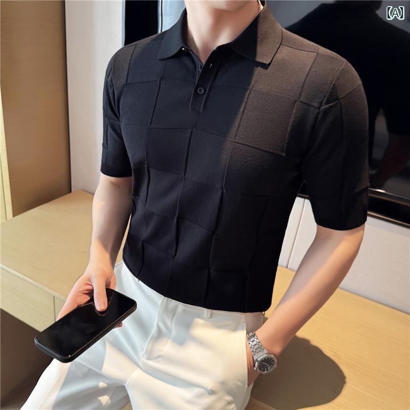 ポロシャツ メンズ スリムフィット 高伸縮性 ストレッチ 立体格子柄 チェック柄 ニット テンセル 再生繊維 薄手 半袖 ショートスリーブ 切り替え 襟付き 大人カジュアル 夏用
