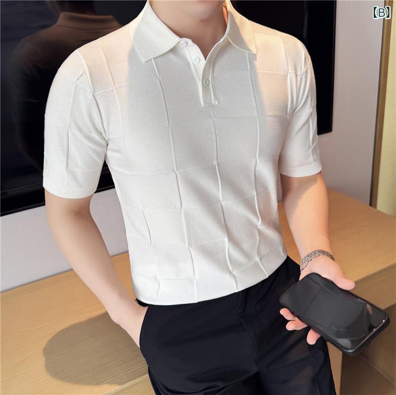 ポロシャツ メンズ スリムフィット 高伸縮性 ストレッチ 立体格子柄 チェック柄 ニット テンセル 再生繊維 薄手 半袖 ショートスリーブ 切り替え 襟付き 大人カジュアル 夏用