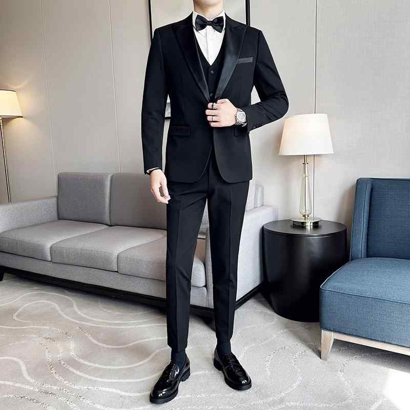 スーツ メンズ 結婚式 新郎 介添人 司会者 タキシード 礼服 スリーピース ビジネス フォーマル セレモニー 舞台衣装 スリムフィット シングルブレスト セットアップ 秋冬 レーヨン混紡