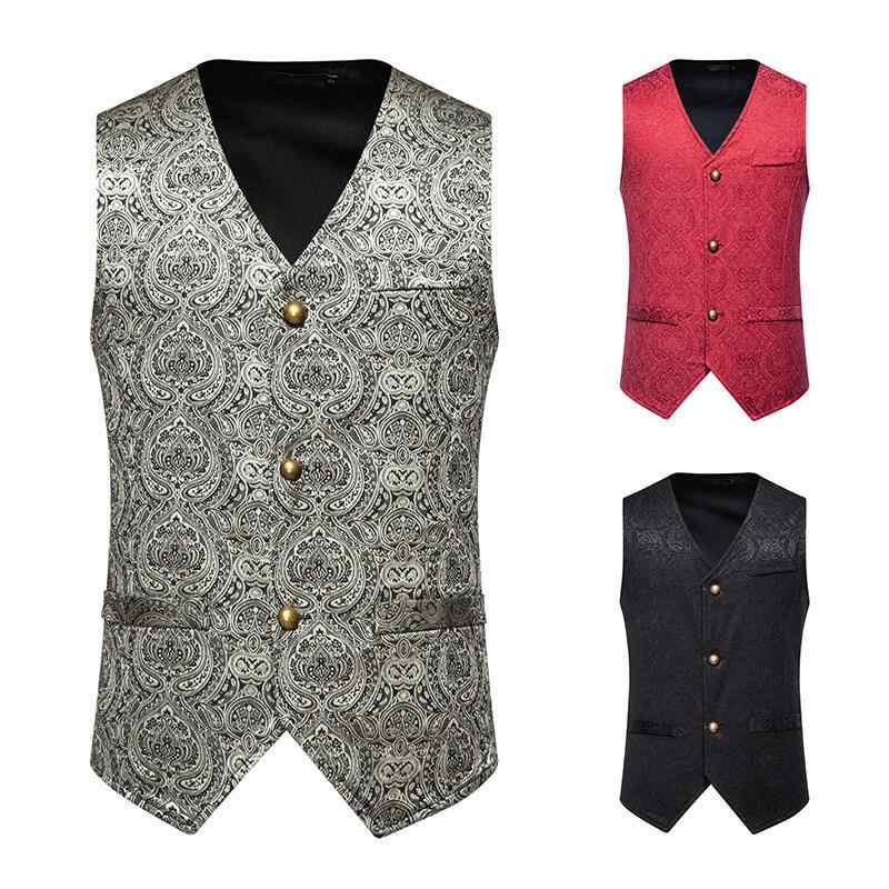 ベスト メンズ ジャガード織り スリムフィット ノーカラー シングルボタン レトロ ヨーロッパ中世風 花柄 カジュアル 大きいサイズ オールシーズン ポリエステル シルバー ブラック ワインレッド