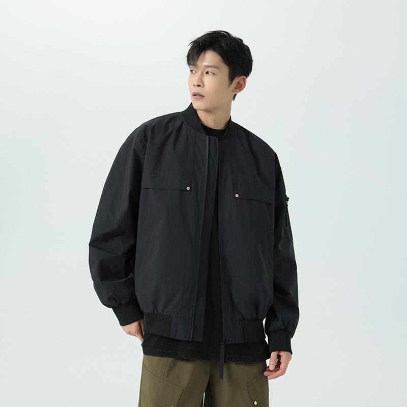 Rakuten - ジャケット メンズ 男性用 春秋 ベースボールジャケット スタジャン フライトジャケット ワークスタイル ストリート系 ルーズフィット ゆったり おしゃれ カジュアルアウター ポリエステル シワになりにくい ノーカラー 長袖