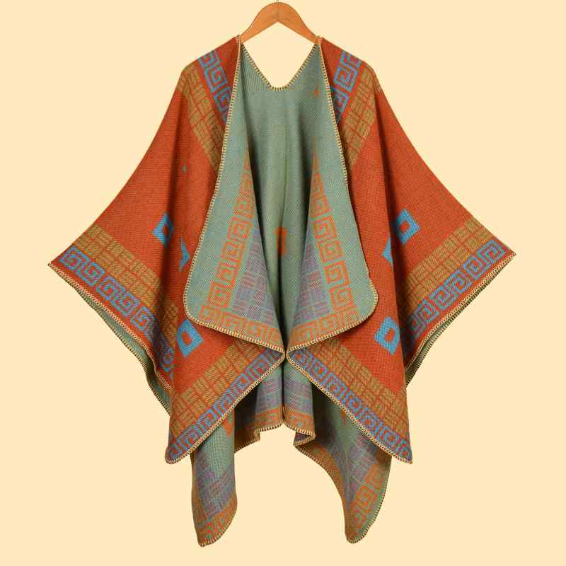 ショール レディース 女性用 保温 厚手 カシミヤタッチ フェイクカシミヤ 大判 ロング丈 レトロ 民族風 エスニック スリット 格子柄 チェック柄 旅行用 羽織り カーディガン 秋冬 春夏