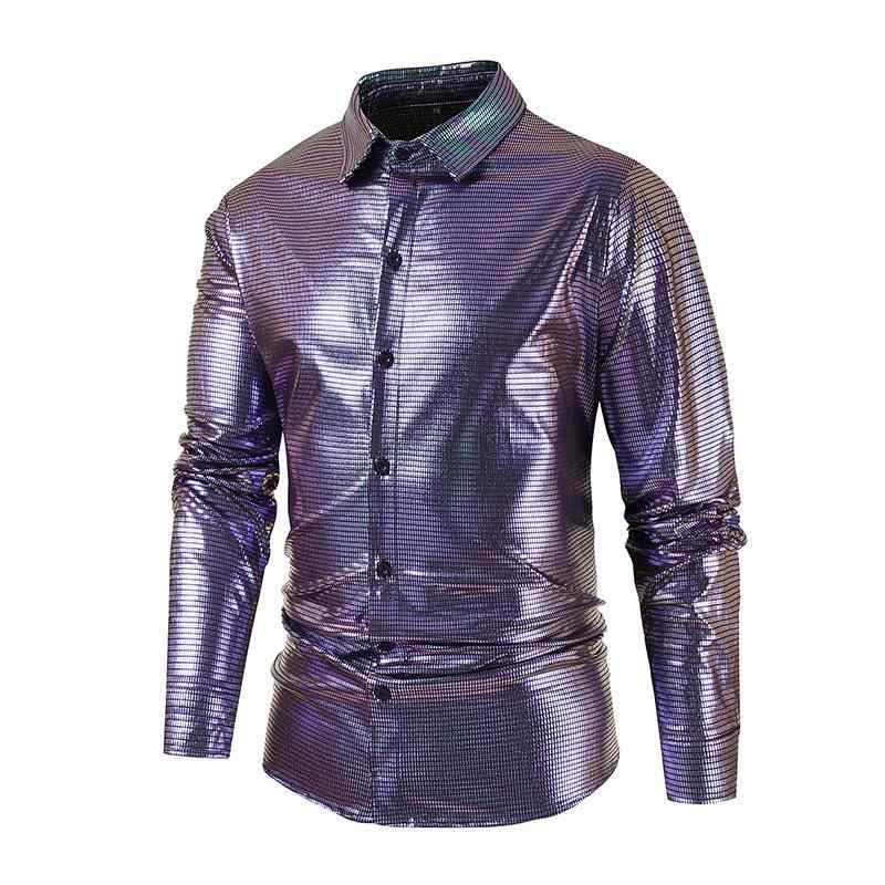 シャツ メンズ 長袖 光沢感 襟付き ゆったり シルエット 薄手 ウォッシャブル 春夏 ポリエステル コットンブレンド カジュアル デイリー パープル ポケット付き