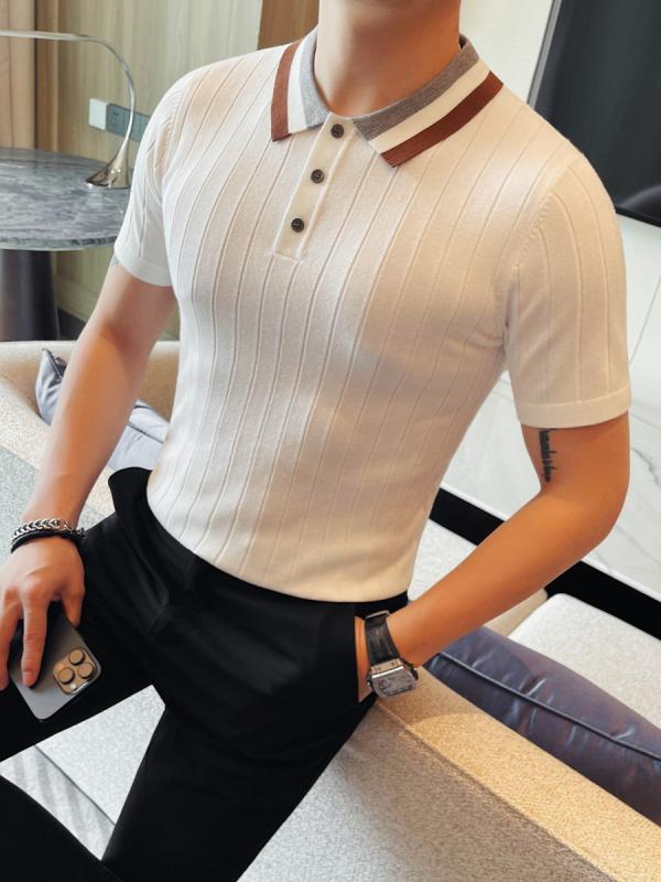ニットポロシャツ メンズ 春夏 高弾力 スリムフィット 高級感 襟付き 半袖 薄手 切り替え ビスコース混紡 ビジカジ 普段使い 黒 白 ブラウン