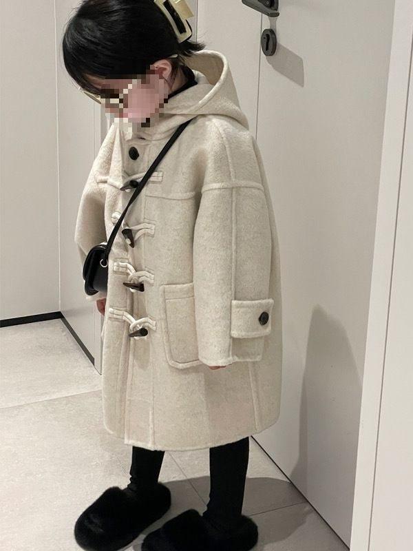コート キッズ 子供服 男の子 女の子 男女兼用 秋冬アウター 韓国ファッション 上品 厚手 裏地付き フード付き ダッフルボタン ミドル丈 ウール混 メルトン...