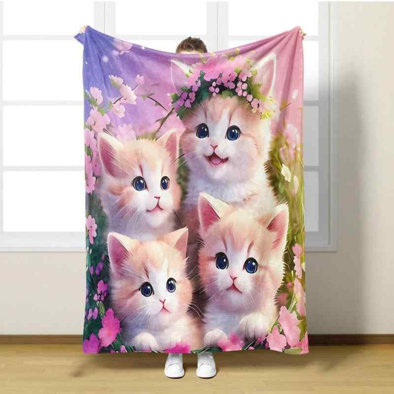 楽天セキュアデポ毛布 厚手 保温 四季兼用 ふわふわ フランネル ポリエステル かわいい カラフル 猫柄 デジタルプリント 昼寝 ひざ掛け ブランケット オフィス ソファカバー