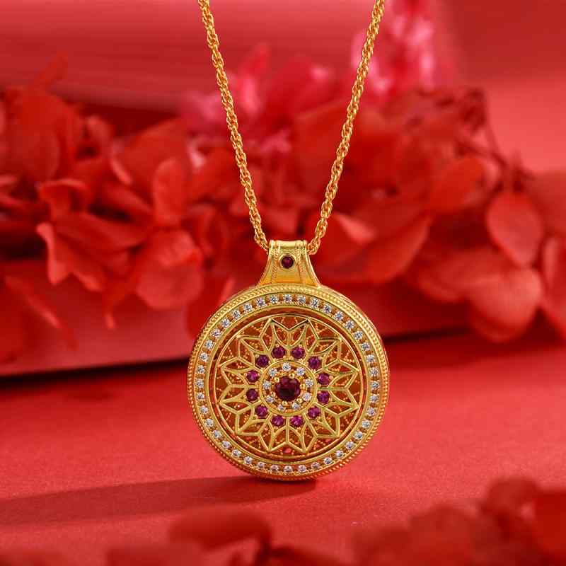 ネックレス レディース ゴールドメッキ 電気メッキ加工 ジルコニア 透かし彫り ひまわり 羅針盤モチーフ 中華風 オリエンタルデザイン 高級感 通勤 オフィス 普段使い 万能 上品(4.0)