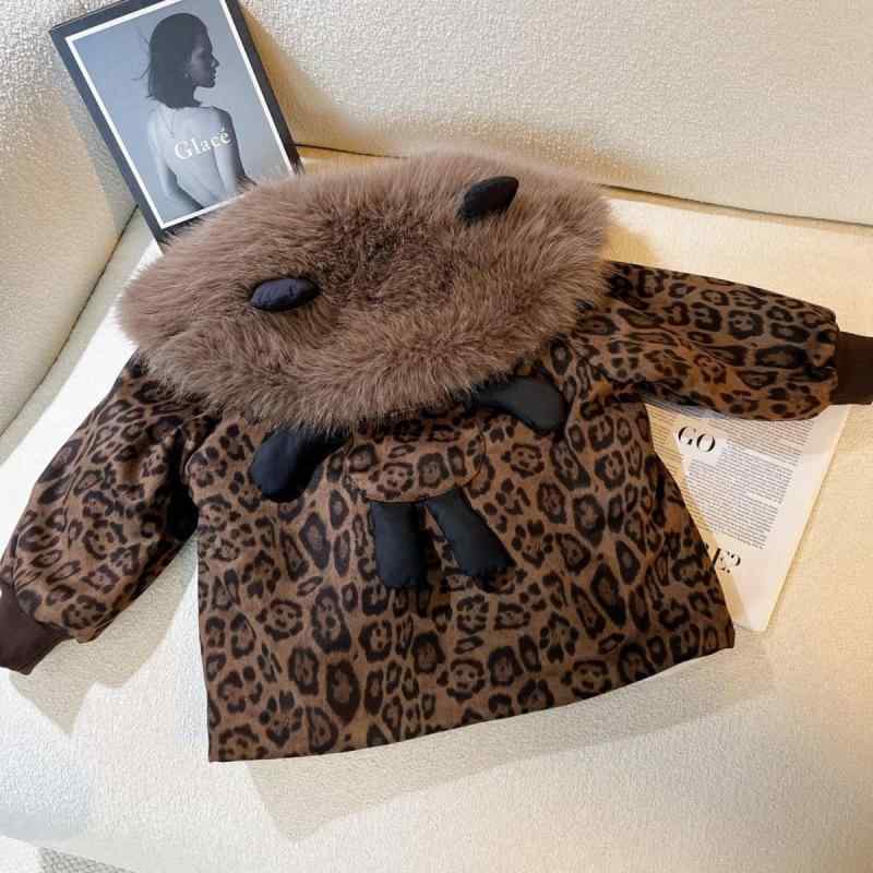 キッズ 女の子 防寒 暖かい 裏ボア アウター 韓国ファッション ロリータスタイル ヒョウ柄 クマ柄 かわいい おしゃれ 冬用 コート ジャケット