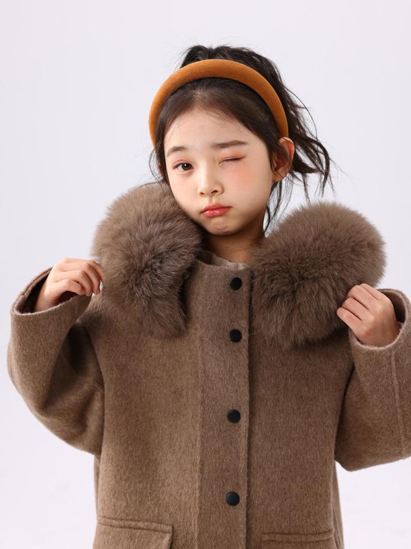 コート 女の子 ジュニア ダブルフェイスウール フォックスファー襟 取り外し可能 秋冬 厚手 あったか シングルボタン ロング丈 韓国風 オシャレ