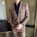 スーツ メンズ 高級感 スリムフィット チェック柄 セットアップ ビジネス カジュアル 韓国風 春秋 新郎 伴郎 結婚式 パーティ フォーマル ポリエステル