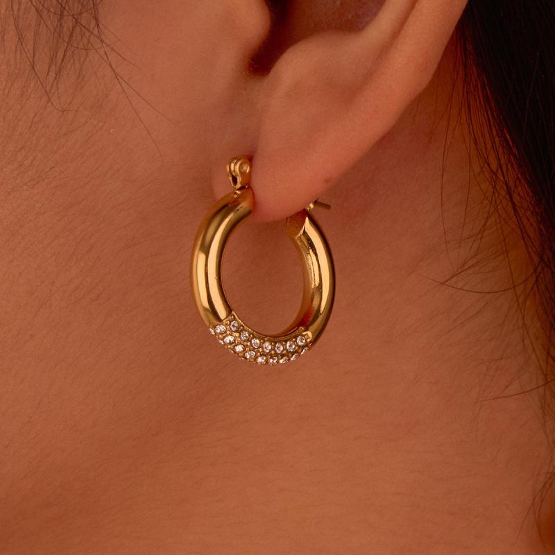 耳飾り レディース ステンレス製 電気メッキ加工 高級感 ゴールドカラー ジルコニア フープピアス おし..