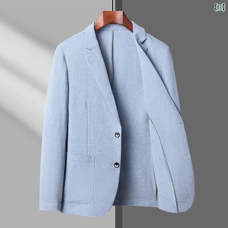 テーラードジャケット メンズ 形態安定 ストレッチ 軽量 薄手 高級感 ビジネス カジュアル シングルボタン 無地 春夏 大人向け ポリエステル混紡