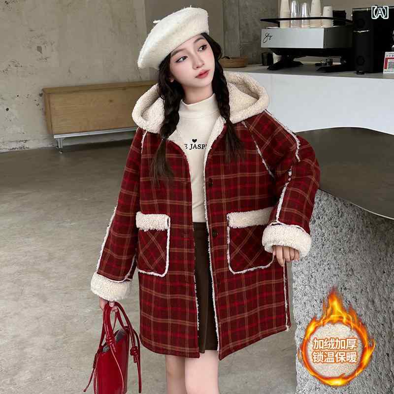 コート 女の子 ガールズ ジュニア 冬物 裏ボア フード付き 厚手 保温 防寒 チェック柄 ミドル丈 長袖 カジュアル かわいい アウター 通学 普段使い