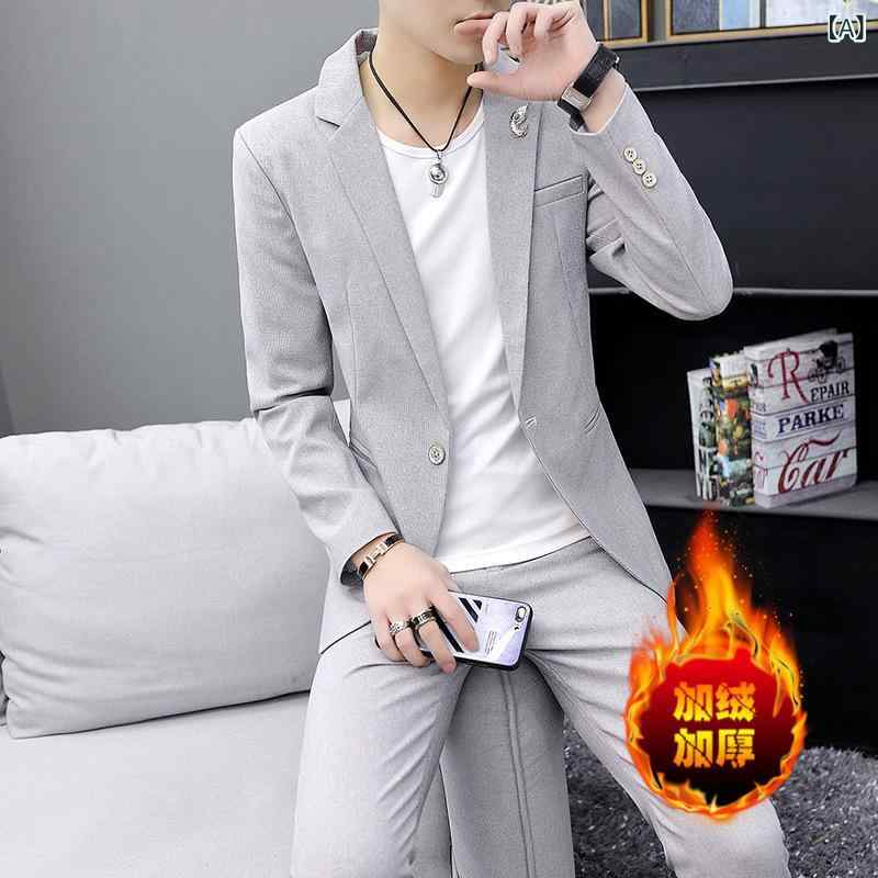 スーツ メンズ セットアップ 裏起毛 厚手 保温 秋冬 韓国風 スリムフィット テーラードジャケット パンツ 2点セット ビジネスカジュアル 通勤 フォーマル 無地