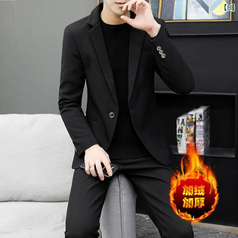 スーツ メンズ セットアップ 裏起毛 厚手 保温 秋冬 韓国風 スリムフィット テーラードジャケット パンツ 2点セット ビジネスカジュアル 通勤 フォーマル 無地