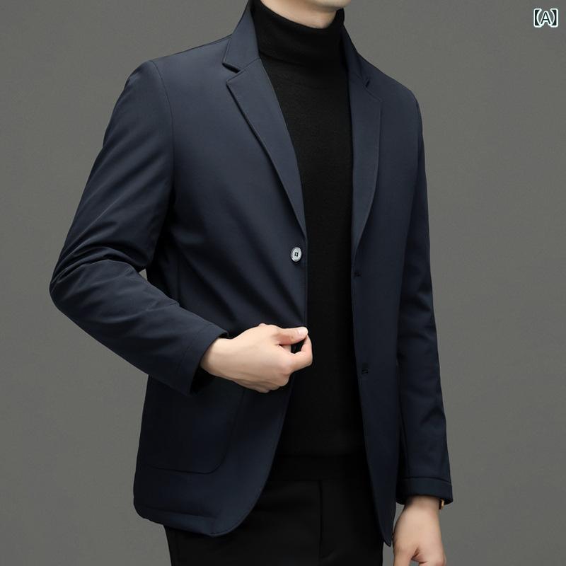 ダウンジャケット メンズ 男性用 秋冬 ショート丈 軽量 保温 ビジネス 通勤 カジュアル ブレザー スーツ襟 シングルブレスト 2つボタン スリムフィット シワになりにくい 韓国ファッション