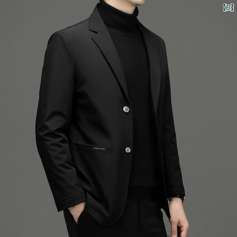 ダウンジャケット メンズ 男性用 秋冬 ショート丈 軽量 保温 ビジネス 通勤 カジュアル ブレザー スーツ襟 シングルブレスト 2つボタン スリムフィット シワになりにくい 韓国ファッション