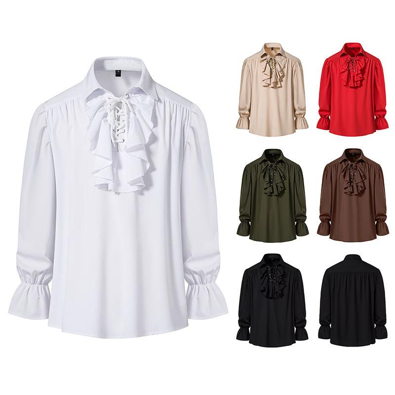 シャツ メンズ 男性用 中世レトロ 舞台衣装 レースアップ 紐付き パフスリーブ ギャザー 長袖 襟付き ジャストフィット ポリエステル カジュアル 普段使い 無地 春夏