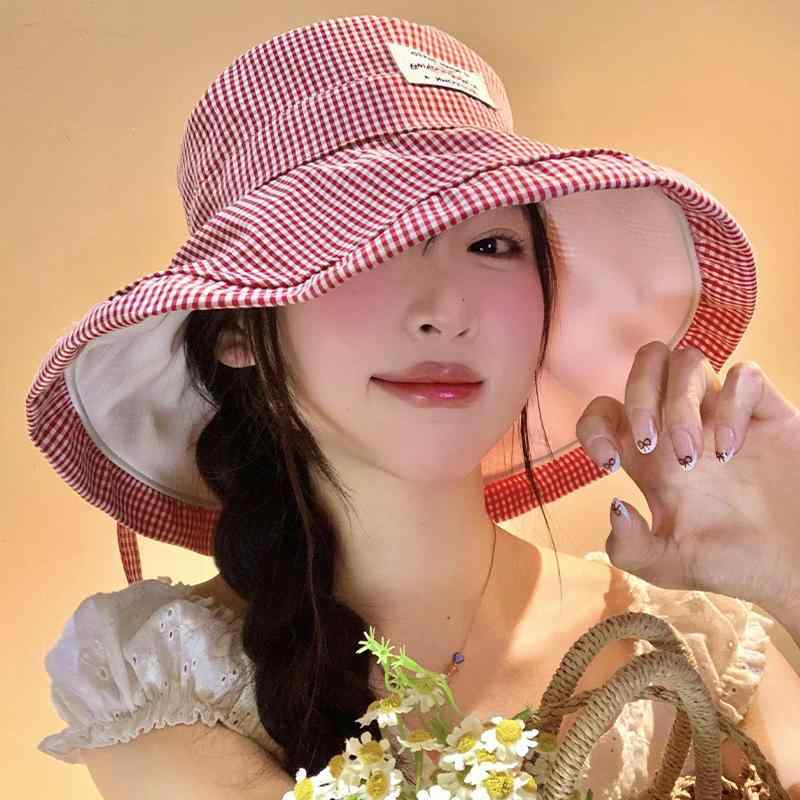 ハット レディース UVカット 小顔効果 つば広 ワイドブリム 日よけ帽子 通気性 コットン 綿 春夏 ピンク チェック柄 大きめサイズ ゆったり 韓国ファッション