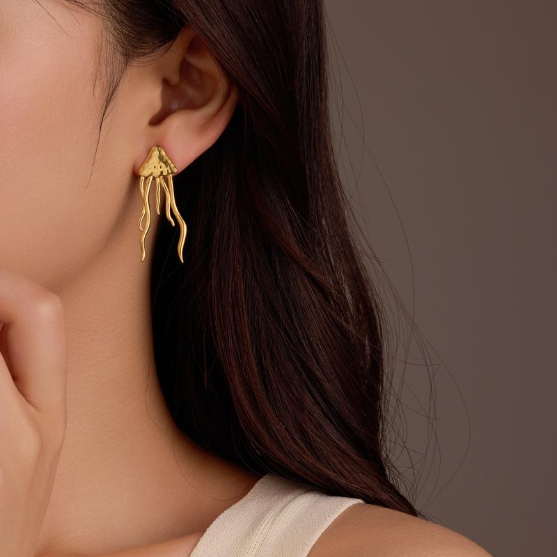 耳飾り レディース おしゃれ 万能 シンプル 高級感 ステンレス 18K電気メッキ クラゲ ハンマー加工 タッセル ピアス イヤリング 通勤 オフィス(4)