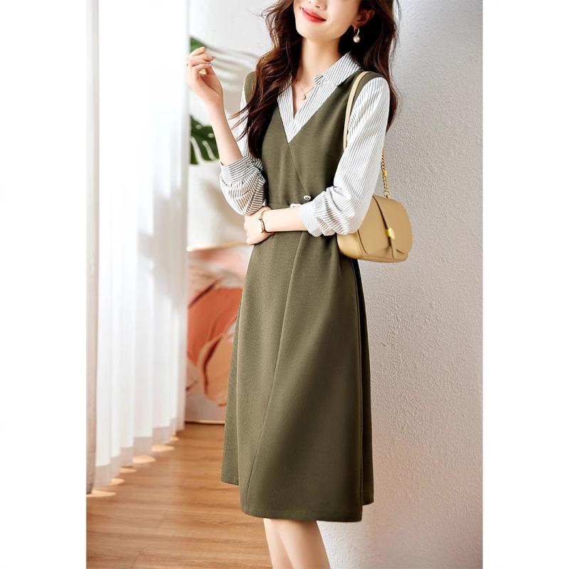 ワンピース レディース フレンチスタイル ストライプ バイカラー フェイクレイヤード エレガント ウエストマーク 着痩せ効果 切り替えデザイン 秋冬 Aライン Vネック 長袖 ミドルウエスト きれいめ 通勤用