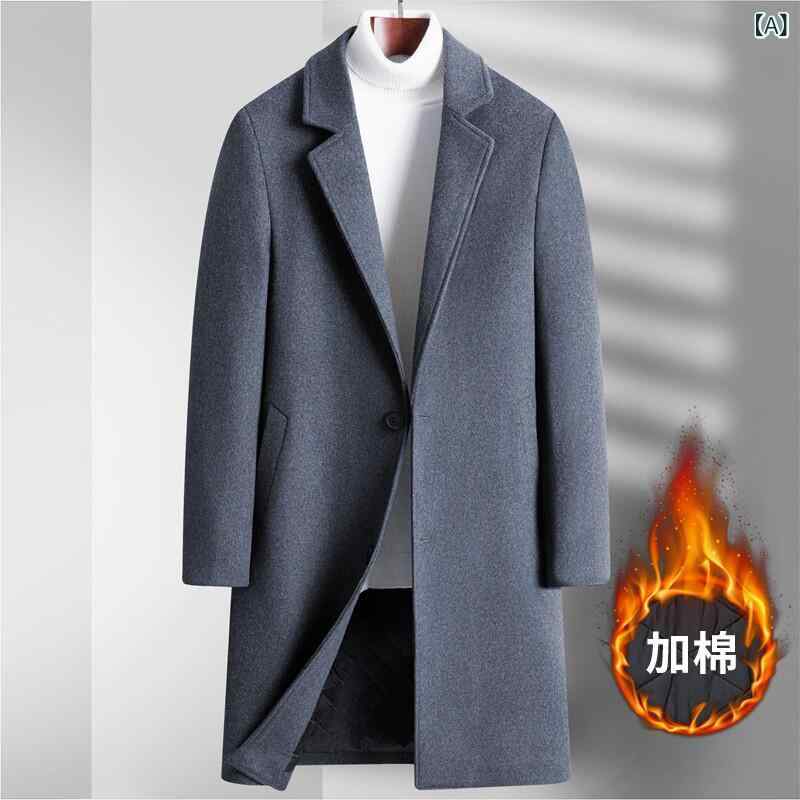 コート メンズ 男性用 秋冬 ウール混 メルトン ミドル丈 中綿入り 暖かい 防寒 テーラードカラー シングルボタン ゆったり ビジネス カジュアル 通勤 通学 アウター